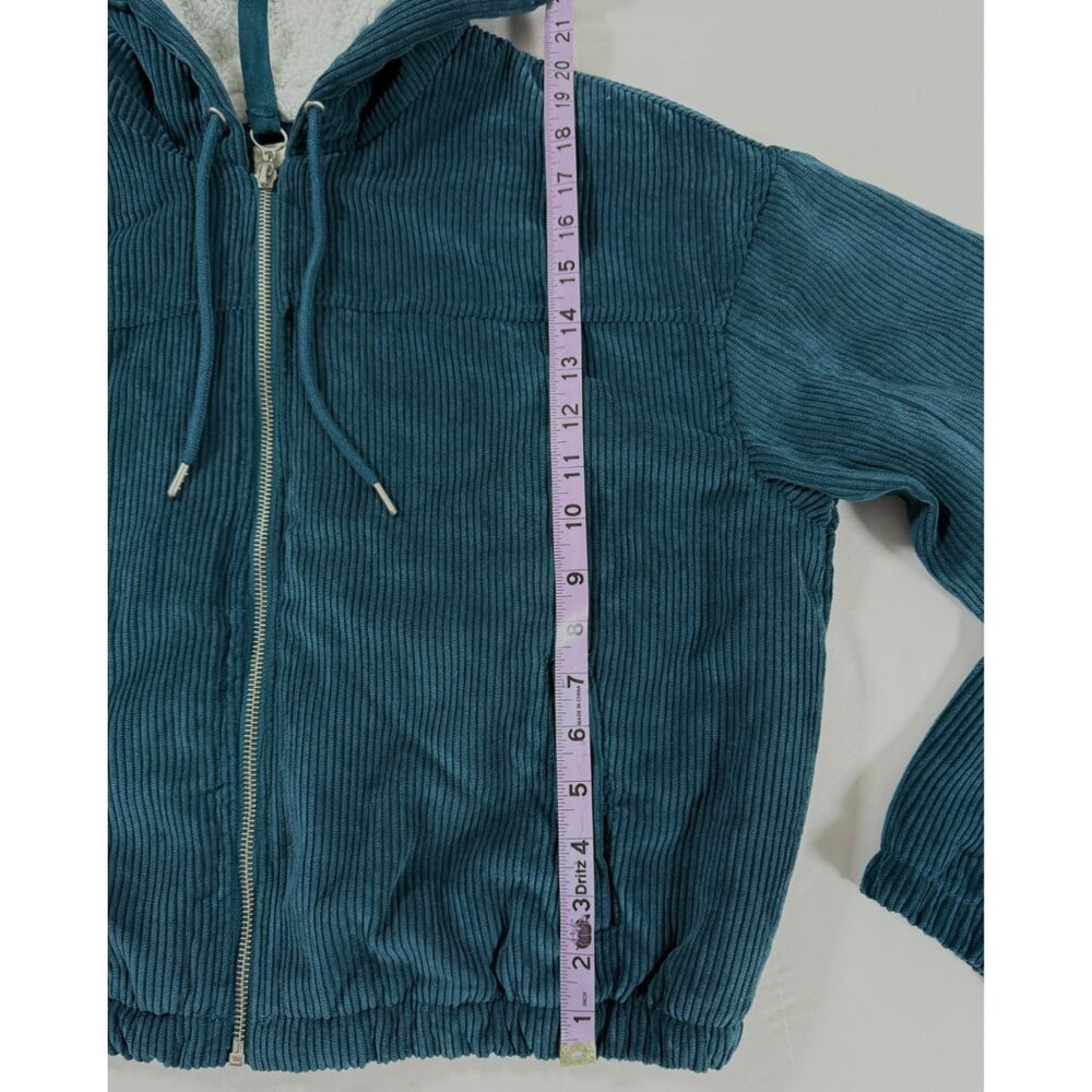 Women’s Y2K Teal Corduroy Sherpa Lined Zip Hoodie Jacket Large Cozy Retro Soft - Picture 12 of 12